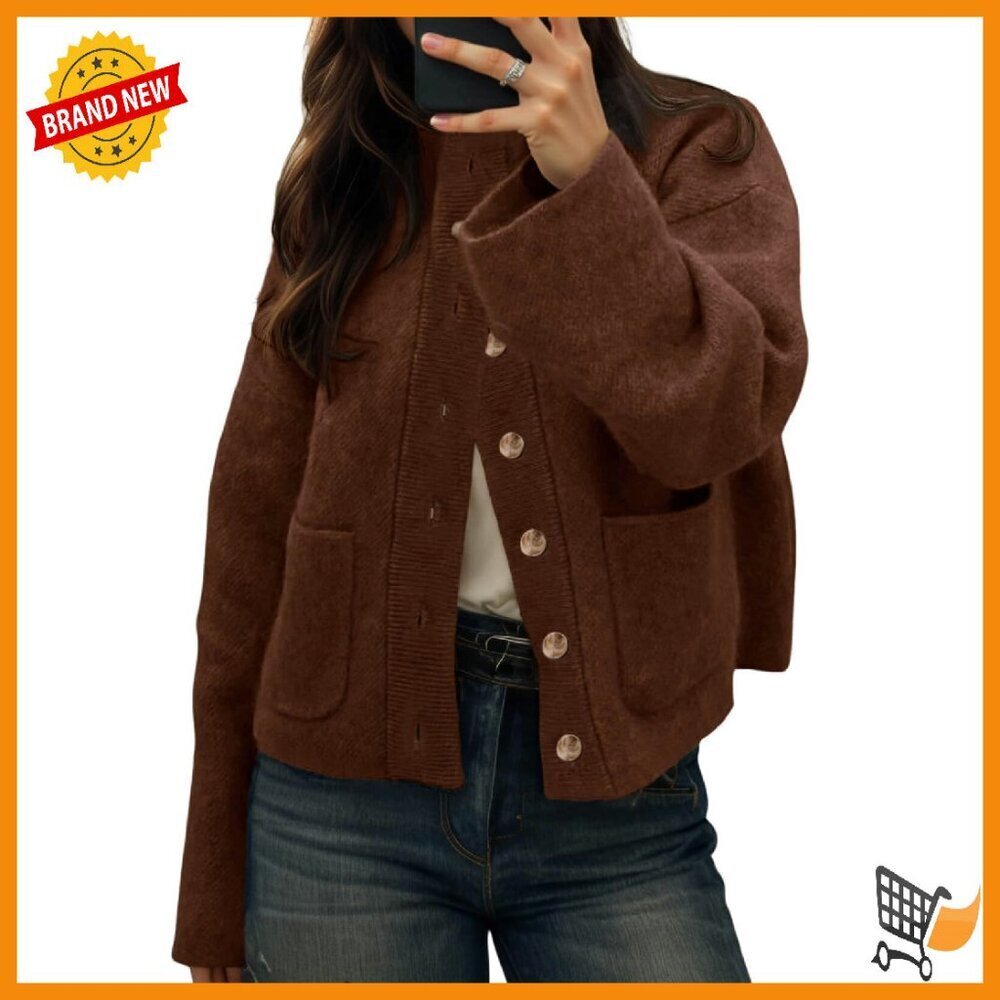 Chunky Knit Cardigan with Pockets, Mock Neck, Open Front Winter Sweater